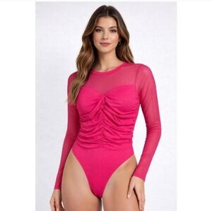 Nwt HALARA MESH Hot Pink Ruched Long-Sleeve Bodysuit Festival Boho Queen Pride